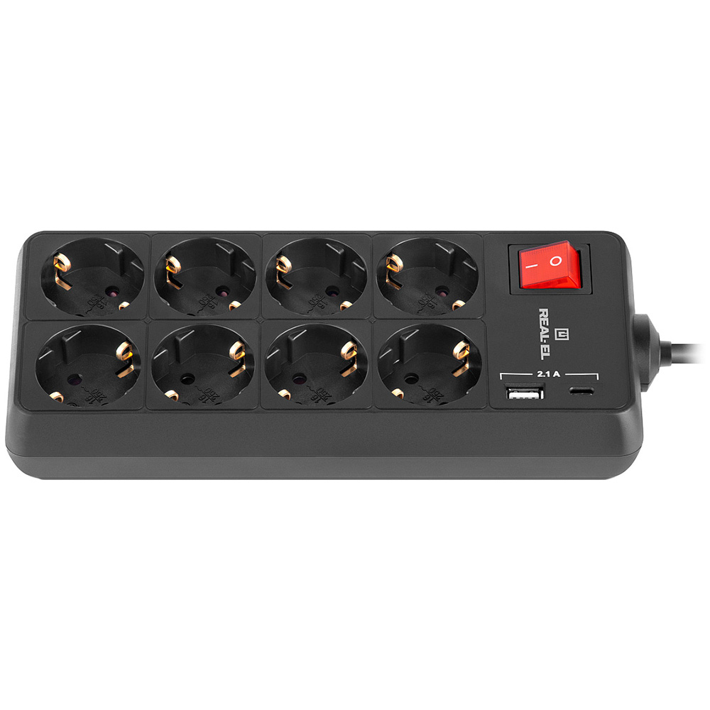 Мережевий фільтр REAL-EL RS-Protect 805 Black, 8 розеток, 1xUSB-C, 1xUSB, 1.8м (EL122300042)