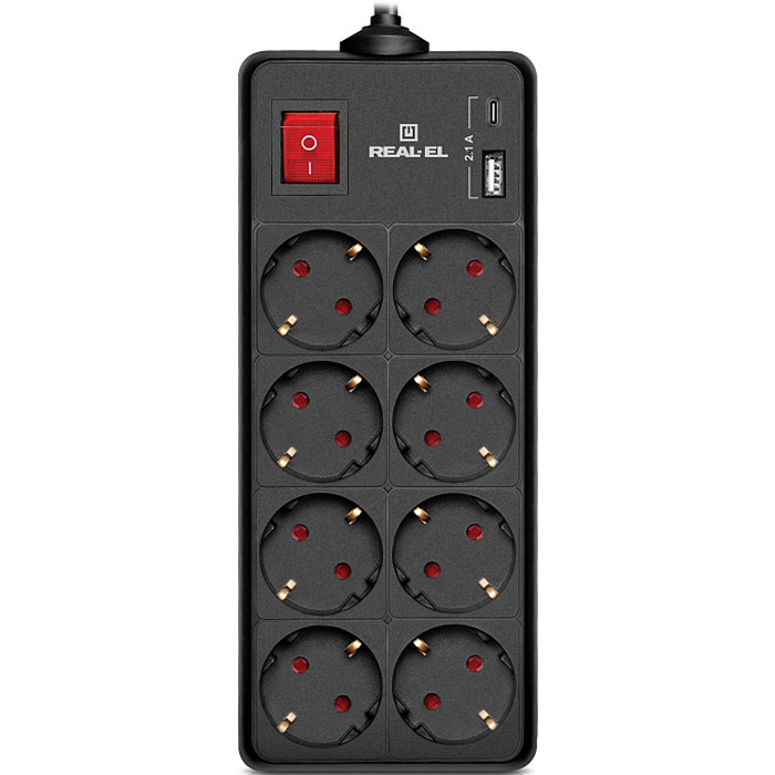 Мережевий фільтр REAL-EL RS-Protect 805 Black, 8 розеток, 1xUSB-C, 1xUSB, 1.8м (EL122300042)