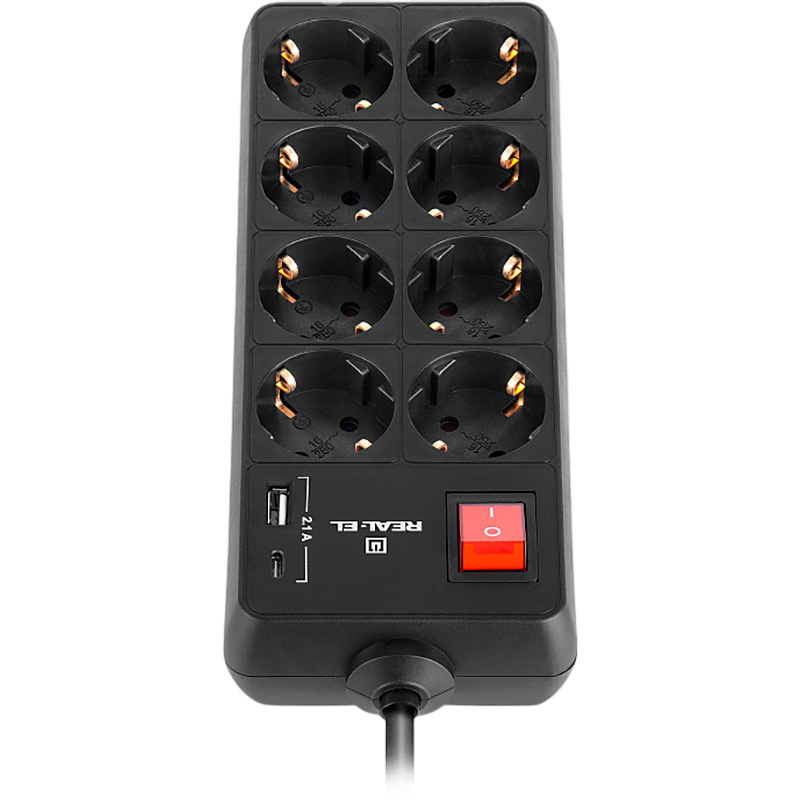 Мережевий фільтр REAL-EL RS-Protect 805 Black, 8 розеток, 1xUSB-C, 1xUSB, 1.8м (EL122300042)