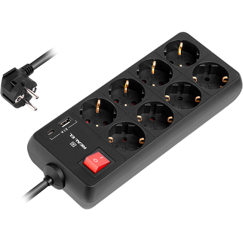 Мережевий фільтр REAL-EL RS-Protect 805 Black, 8 розеток, 1xUSB-C, 1xUSB, 1.8м (EL122300042)