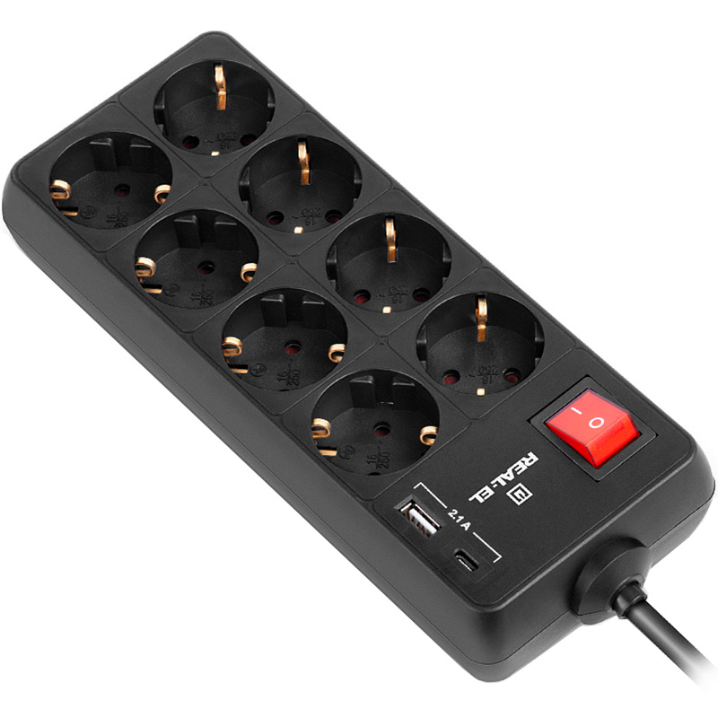 Мережевий фільтр REAL-EL RS-Protect 805 Black, 8 розеток, 1xUSB-C, 1xUSB, 1.8м (EL122300042)