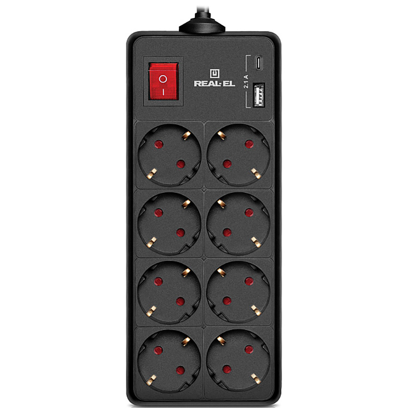 Мережевий фільтр REAL-EL RS-Protect 805 Black, 8 розеток, 1xUSB-C, 1xUSB, 3м (EL122300043)