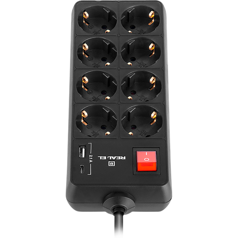 Мережевий фільтр REAL-EL RS-Protect 805 Black, 8 розеток, 1xUSB-C, 1xUSB, 3м (EL122300043)