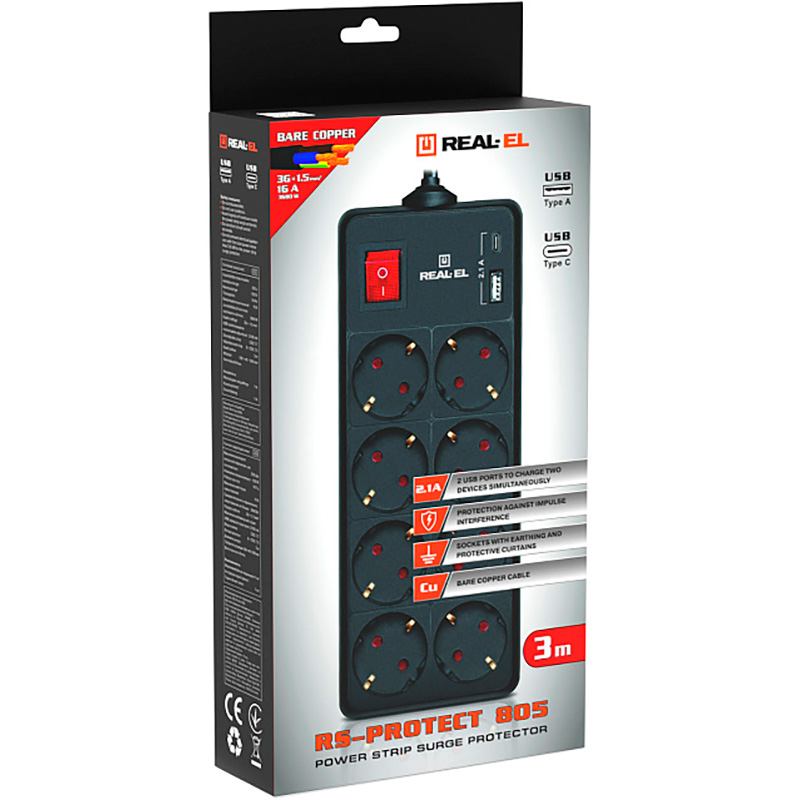 Мережевий фільтр REAL-EL RS-Protect 805 Black, 8 розеток, 1xUSB-C, 1xUSB, 3м (EL122300043)