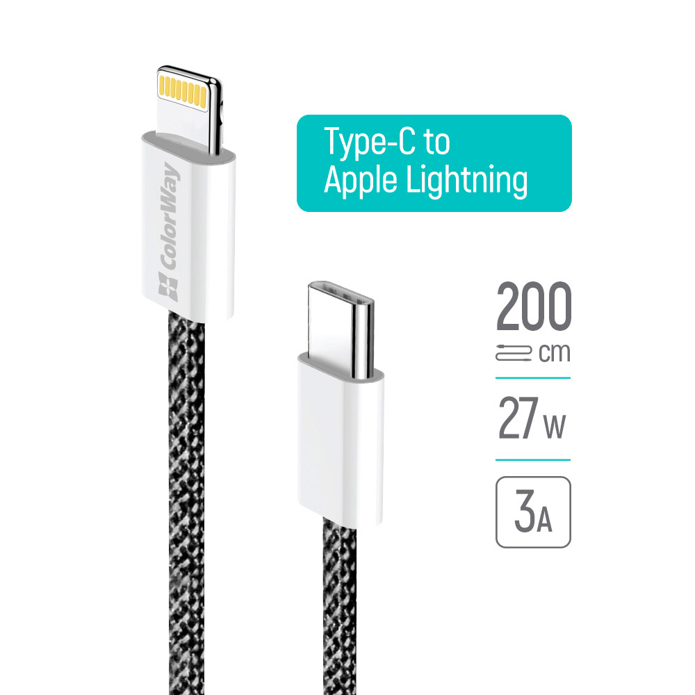 Кабель COLORWAY Fabric Braided Type-C to Lightning 2м Black (CW-CBPDCL068-BK)