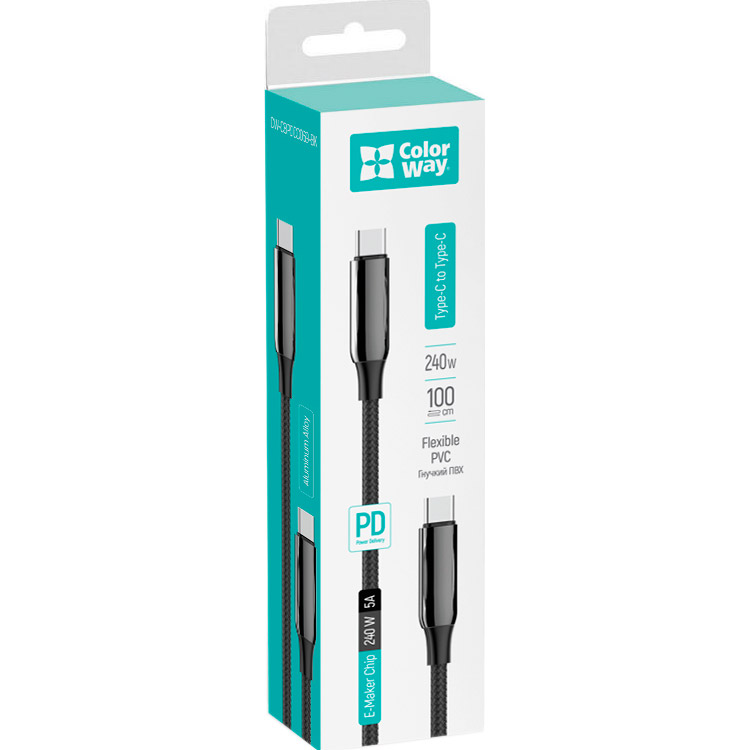 Кабель COLORWAY Flexible PVC Type-C to Type-C 5A 1м Black (CW-CBPDCC069-BK)