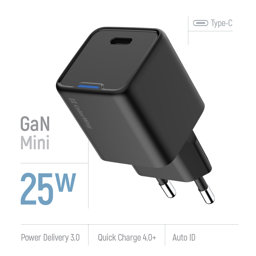Зарядний пристрій COLORWAY GaN Mini 25W 1xUSB-C Fast Charging Black (CW-CHS052PD-BK)