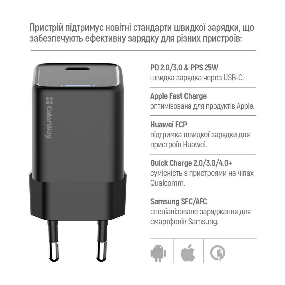 Зарядний пристрій COLORWAY GaN Mini 25W 1xUSB-C Fast Charging Black (CW-CHS052PD-BK)