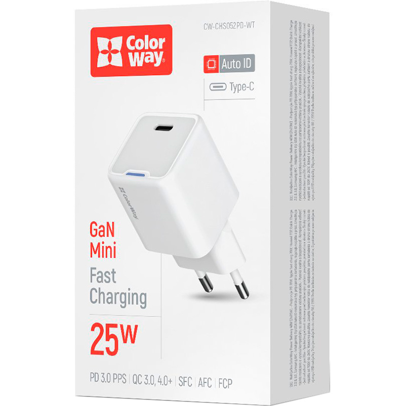 Зарядний пристрій COLORWAY GaN Mini 25W 1xUSB-C Fast Charging White (CW-CHS052PD-WT)