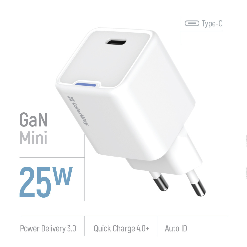 Зарядний пристрій COLORWAY GaN Mini 25W 1xUSB-C Fast Charging White (CW-CHS052PD-WT)