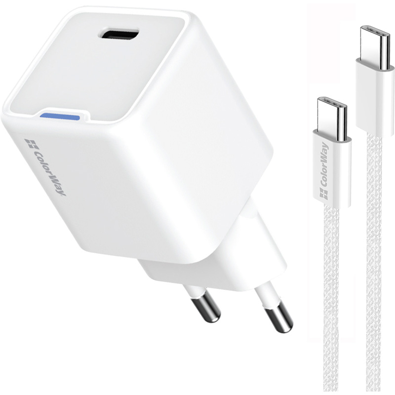 Зарядний пристрій COLORWAY GaN Mini 25W 1xUSB-C Fast Charging White w/Type-C cable (CW-CHS052PDC-WT)