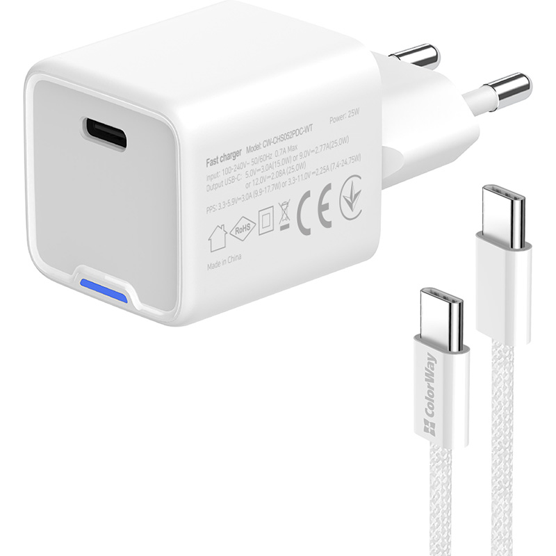 Зарядний пристрій COLORWAY GaN Mini 25W 1xUSB-C Fast Charging White w/Type-C cable (CW-CHS052PDC-WT)