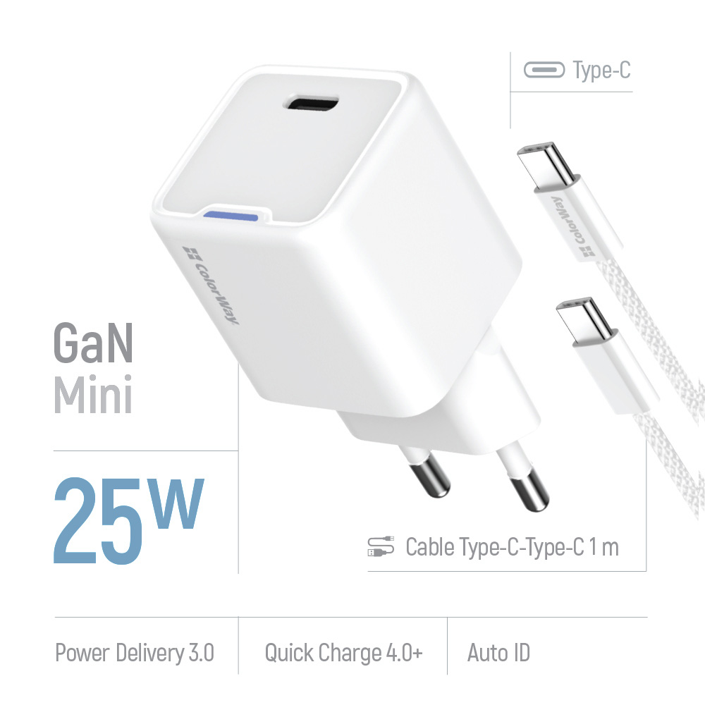 Зарядний пристрій COLORWAY GaN Mini 25W 1xUSB-C Fast Charging White w/Type-C cable (CW-CHS052PDC-WT)