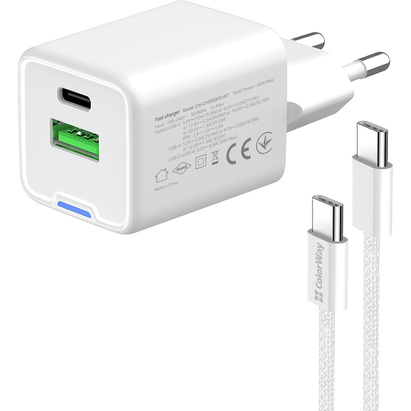 Зарядний пристрій COLORWAY GaN Mini 30W 1xUSB-A, 1xUSB-C Fast Charging White w/Type-C cable (CW-CHS053PDC-WT)