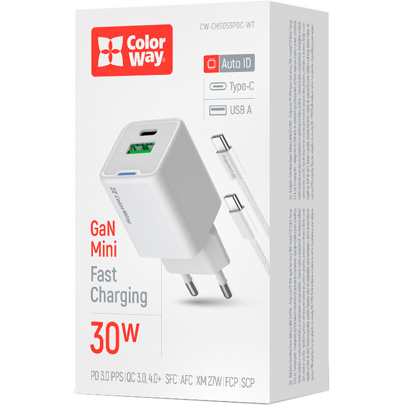 Зарядний пристрій COLORWAY GaN Mini 30W 1xUSB-A, 1xUSB-C Fast Charging White w/Type-C cable (CW-CHS053PDC-WT)