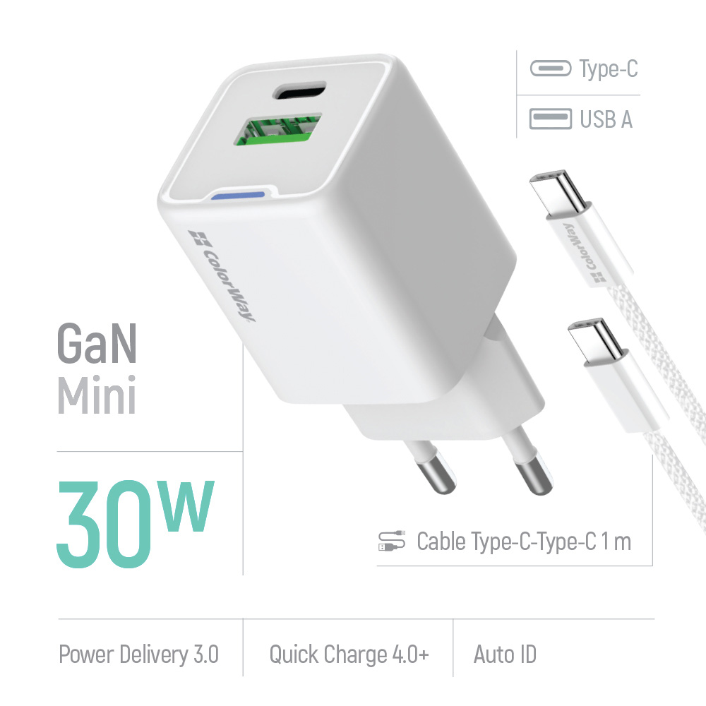 Зарядний пристрій COLORWAY GaN Mini 30W 1xUSB-A, 1xUSB-C Fast Charging White w/Type-C cable (CW-CHS053PDC-WT)