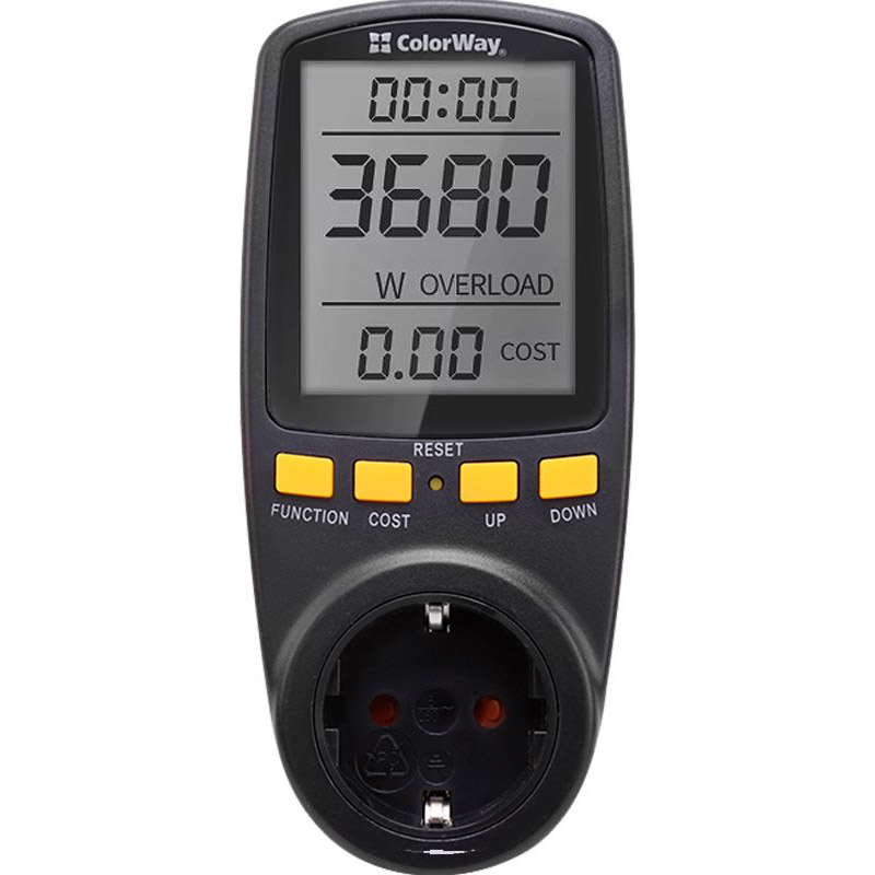Ватметр COLORWAY W/V/A/C/Hz/KWh 16A/3520W (CW-VM16-02D)