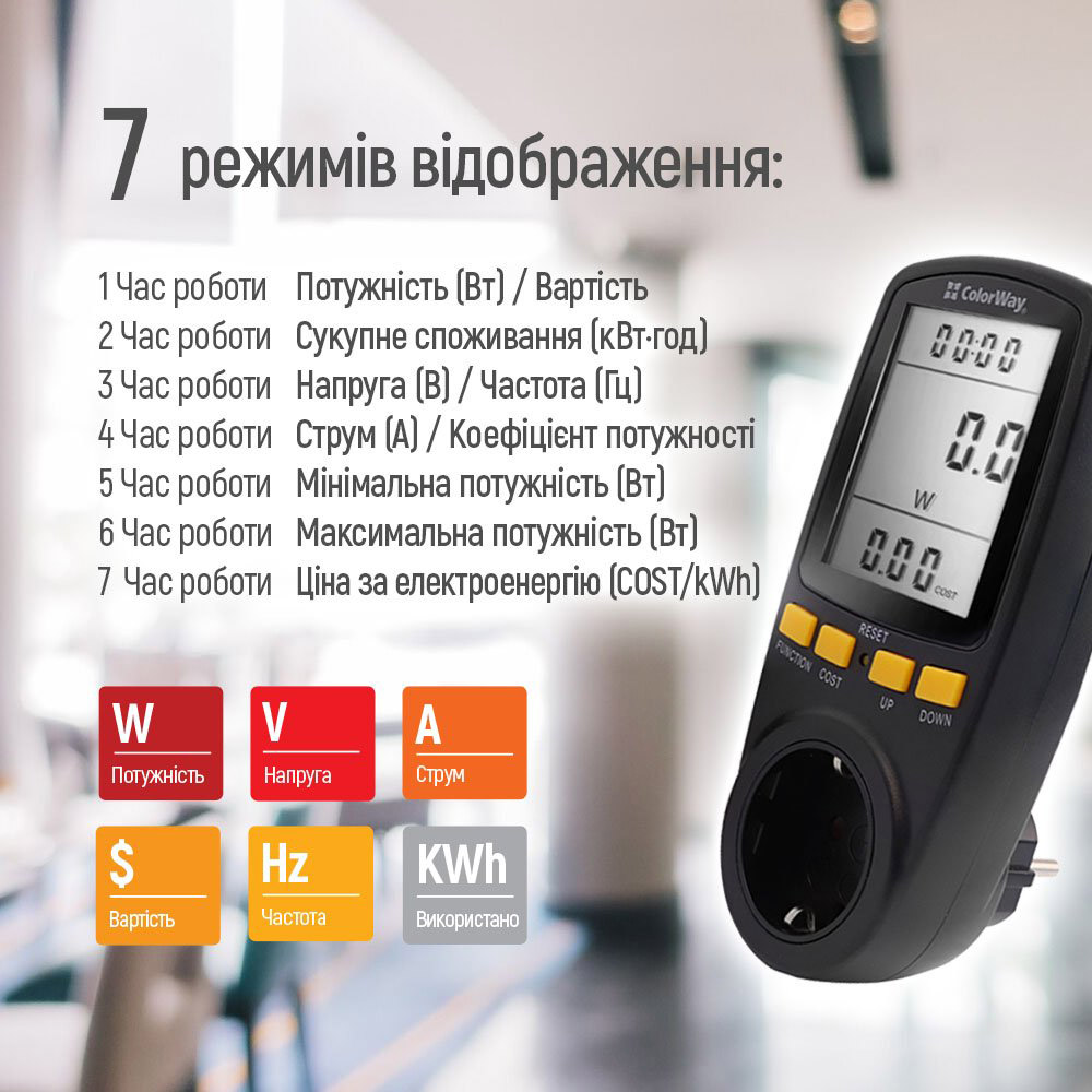 Ватметр COLORWAY W/V/A/C/Hz/KWh 16A/3520W (CW-VM16-02D)