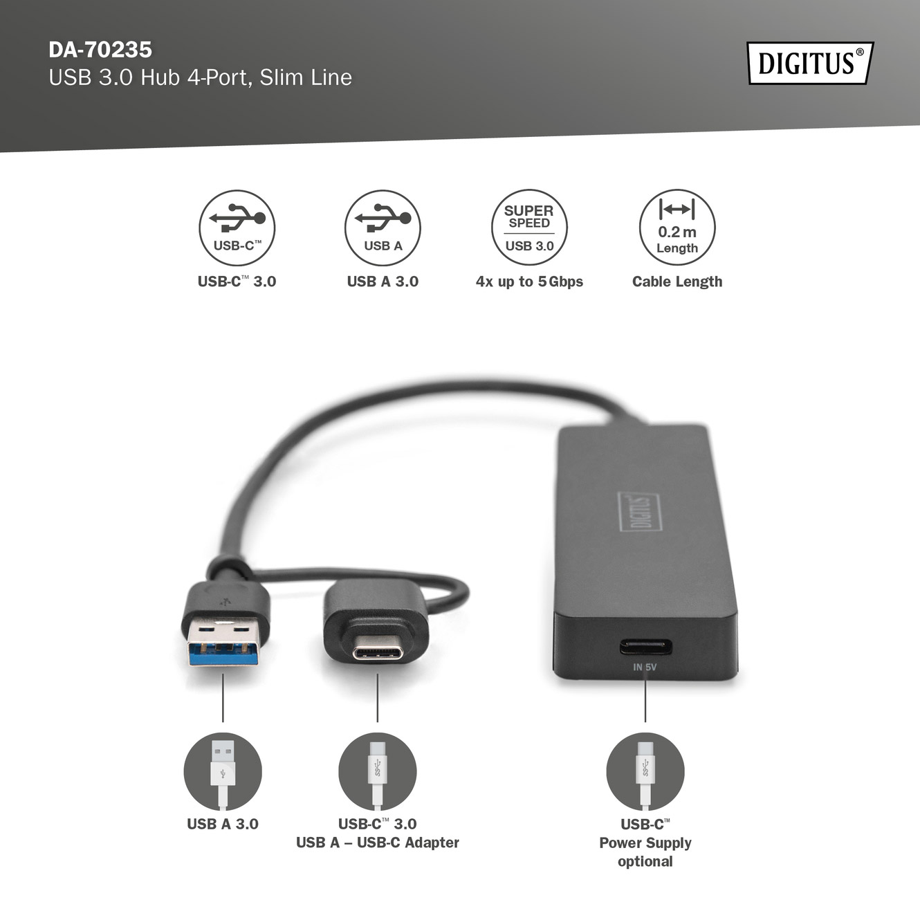 USB-хаб DIGITUS USB-A/C 4-port Hub Slim Line (DA-70235)