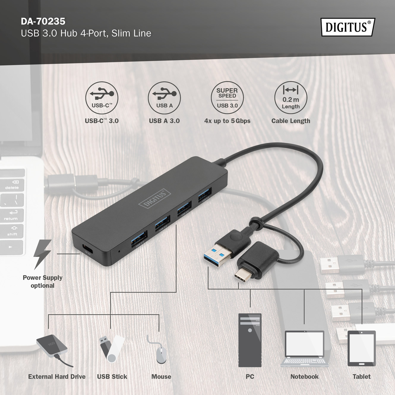 USB-хаб DIGITUS USB-A/C 4-port Hub Slim Line (DA-70235)