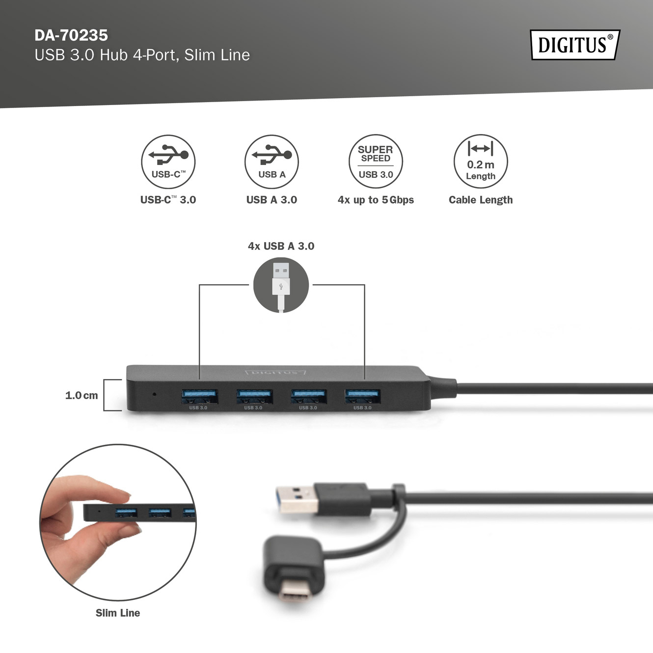 USB-хаб DIGITUS USB-A/C 4-port Hub Slim Line (DA-70235)