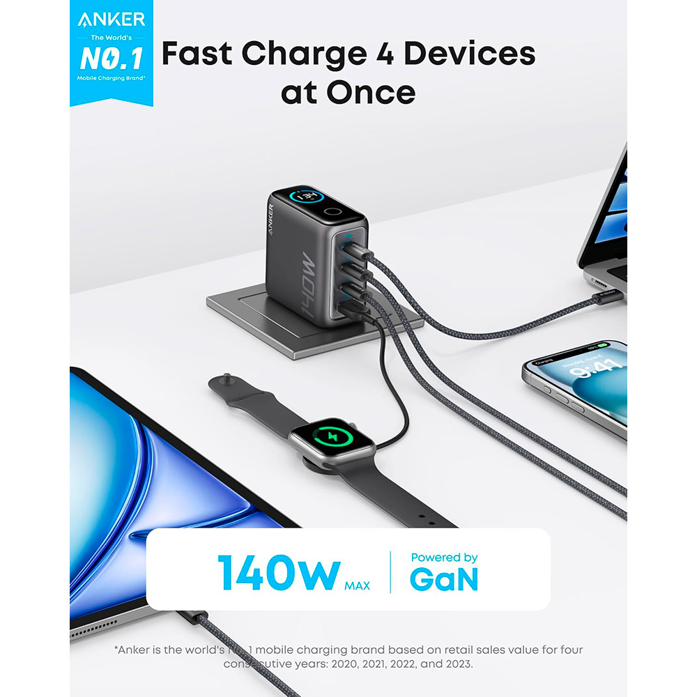 Зарядний пристрій ANKER Laptop GaN Charger 140W, 1xUSB-A, 3xUSB-C, PD3.1 Black w/Type-C cable (B2697GZ1)