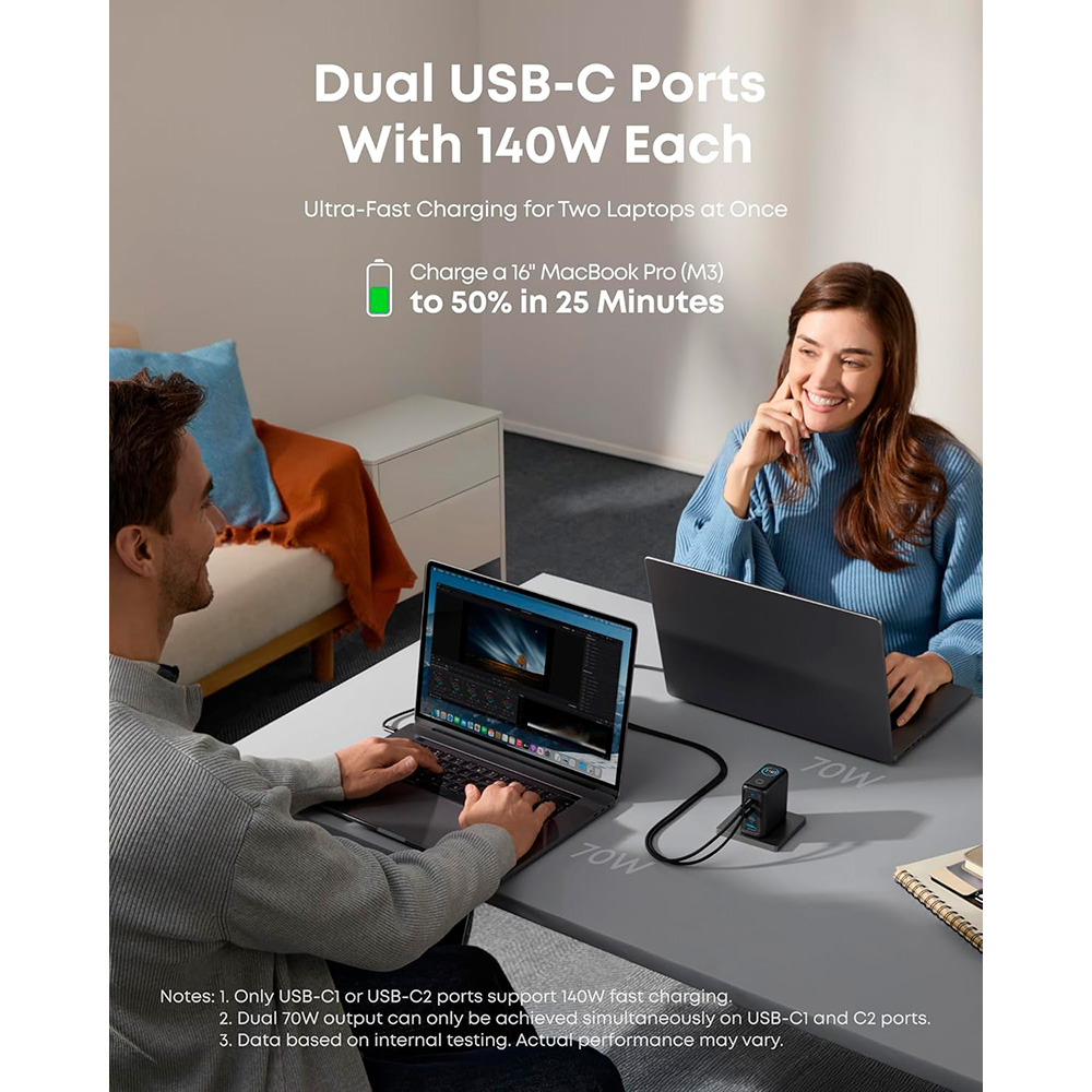 Зарядний пристрій ANKER Laptop GaN Charger 140W, 1xUSB-A, 3xUSB-C, PD3.1 Black w/Type-C cable (B2697GZ1)