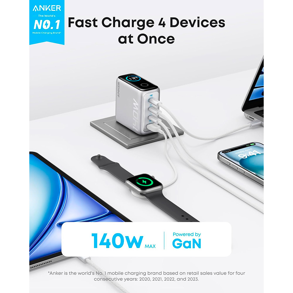 Зарядное устройство ANKER Laptop GaN Charger 140W, 1xUSB-A, 3xUSB-C, PD3.1 Silver w/Type-C cable (B2697G41)