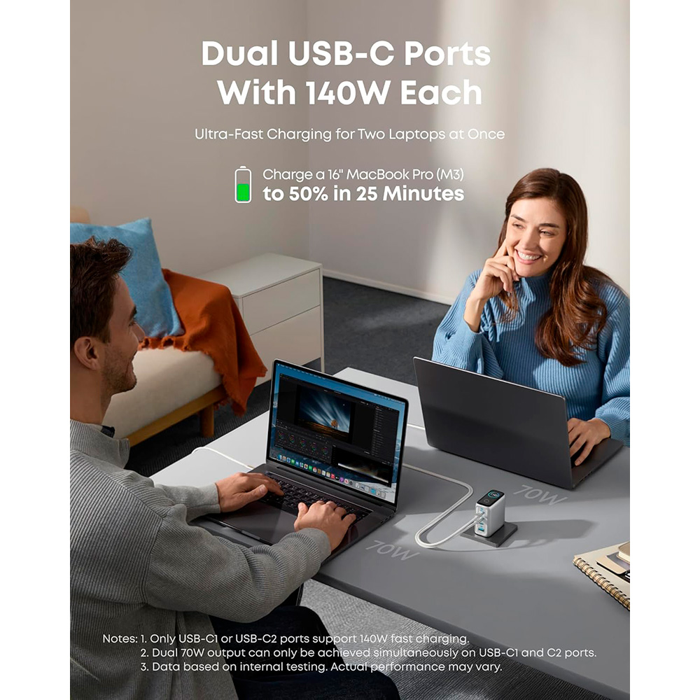 Зарядное устройство ANKER Laptop GaN Charger 140W, 1xUSB-A, 3xUSB-C, PD3.1 Silver w/Type-C cable (B2697G41)