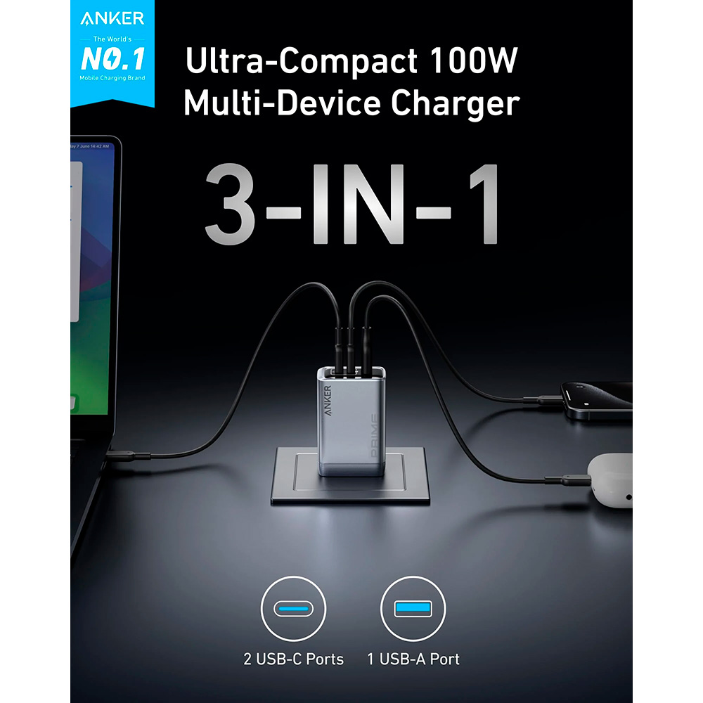 Зарядное устройство ANKER GaNPrime Charger 100W 1xUSB-A, 2xUSB-C Foldabe Silver (A2688341)