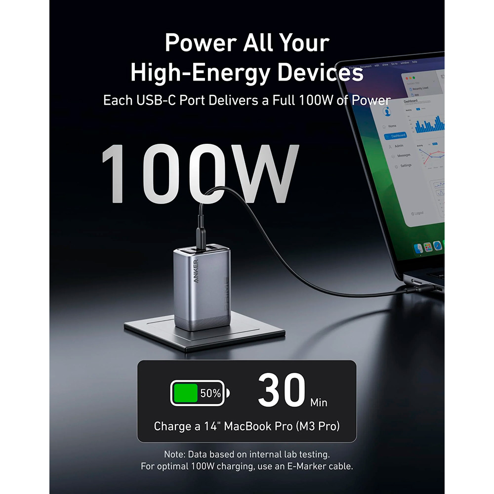 Зарядное устройство ANKER GaNPrime Charger 100W 1xUSB-A, 2xUSB-C Foldabe Silver (A2688341)