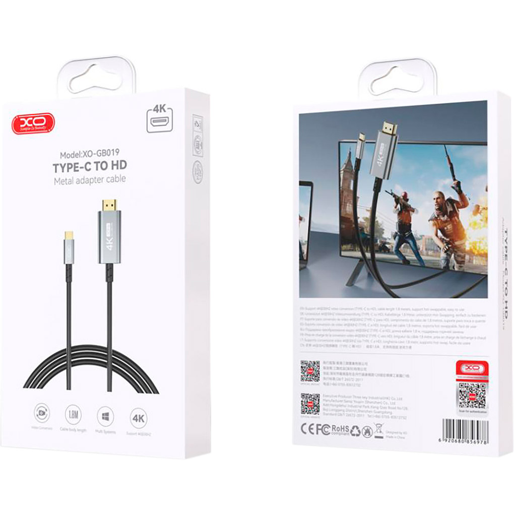 Кабель XO GB019 USB-C to HDMI 1.8м Black