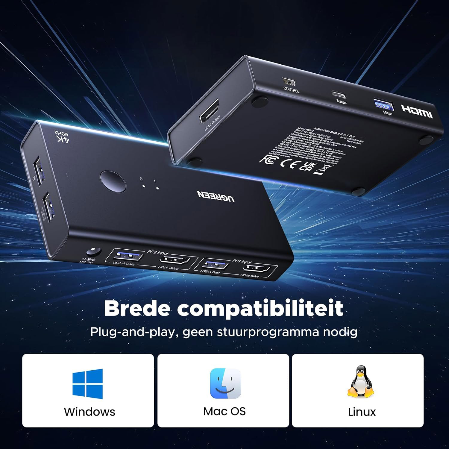 KVM-перемикач UGREEN AK502 2-In 1-Out HDMI KVM Switch 4K 60Hz (45452)
