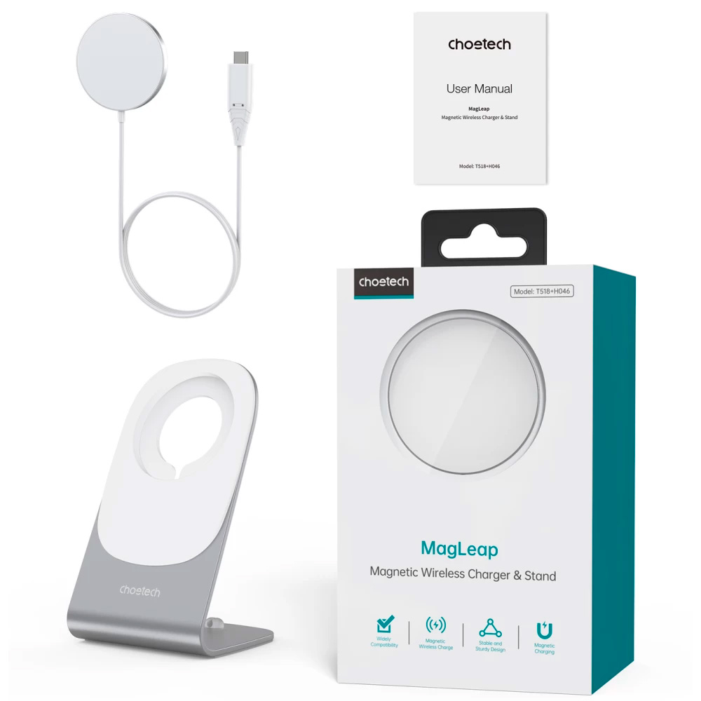 Бездротовий зарядний пристрій CHOETECH T518-F 15W Wireless Charger + Holder White