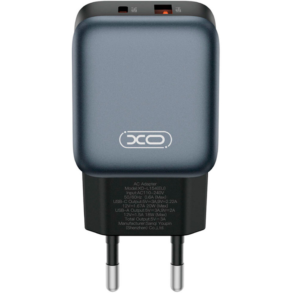 Зарядний пристрій XO L154 1xUSB-C, 1xUSB-A, QC3.0, PD20W Black (L154.BLACK)
