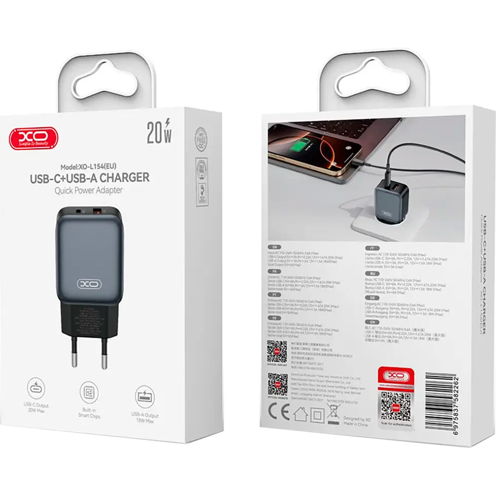 Зарядний пристрій XO L154 1xUSB-C, 1xUSB-A, QC3.0, PD20W Black (L154.BLACK)