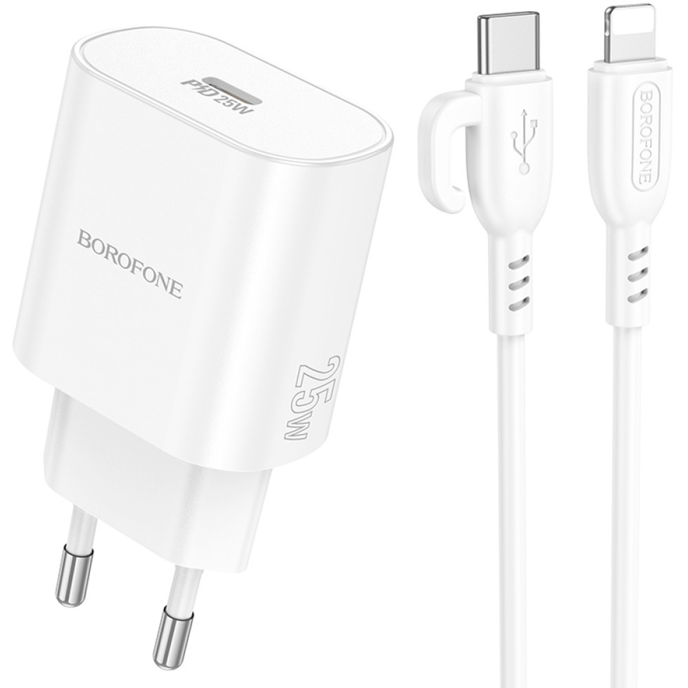 Зарядний пристрій BOROFONE BA82A Platinum 1xUSB-C, PD25W, QC3.0 White w/Type-C to Lightning cable