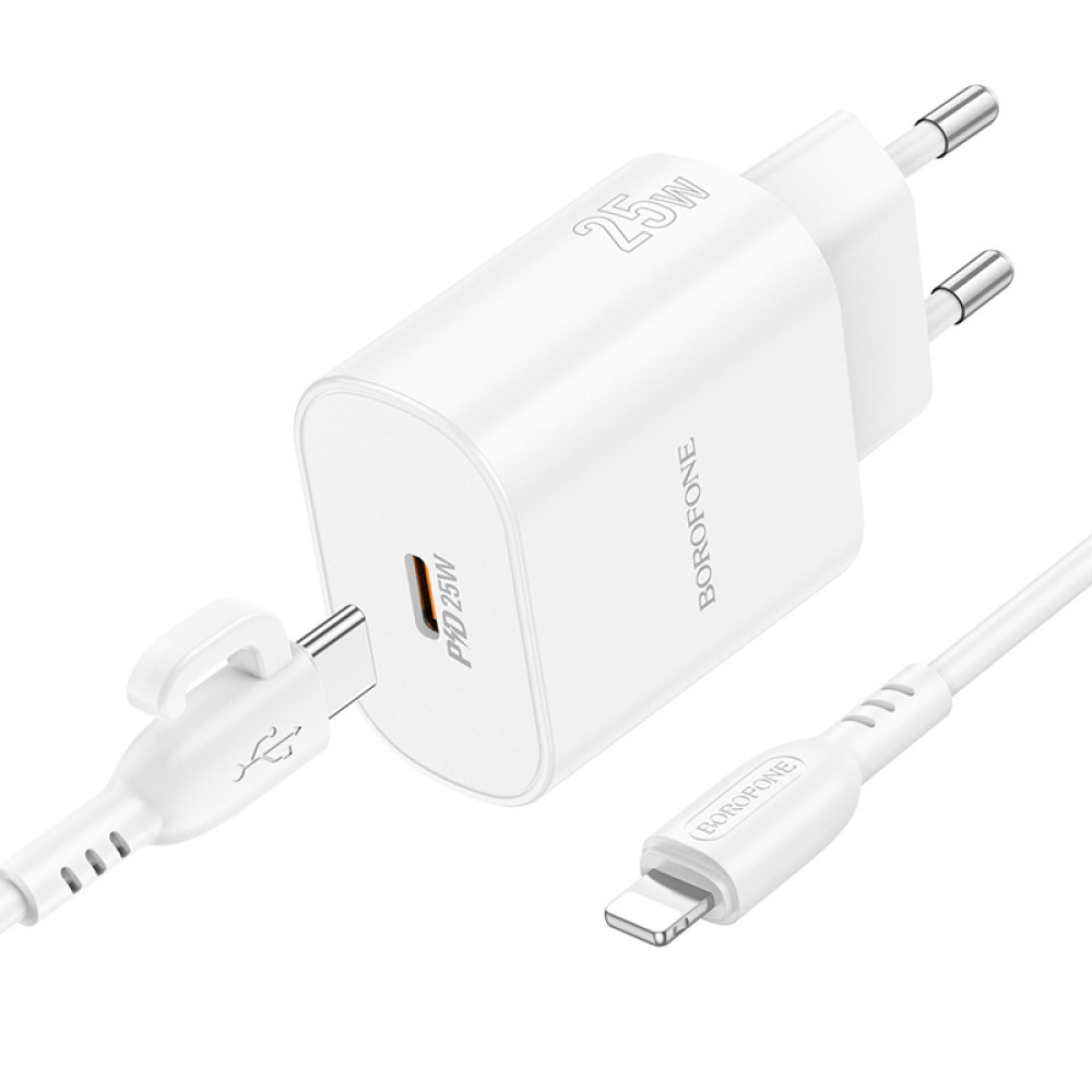 Зарядний пристрій BOROFONE BA82A Platinum 1xUSB-C, PD25W, QC3.0 White w/Type-C to Lightning cable