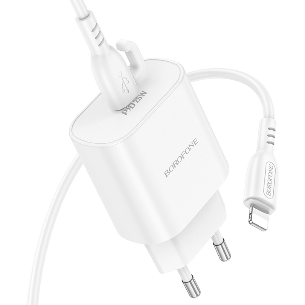 Зарядний пристрій BOROFONE BA82A Platinum 1xUSB-C, PD25W, QC3.0 White w/Type-C to Lightning cable