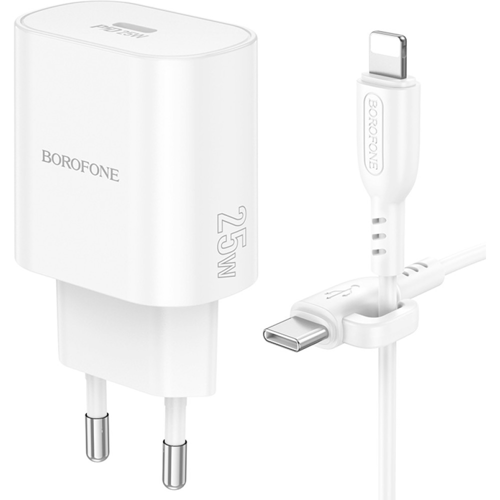 Зарядний пристрій BOROFONE BA82A Platinum 1xUSB-C, PD25W, QC3.0 White w/Type-C to Lightning cable