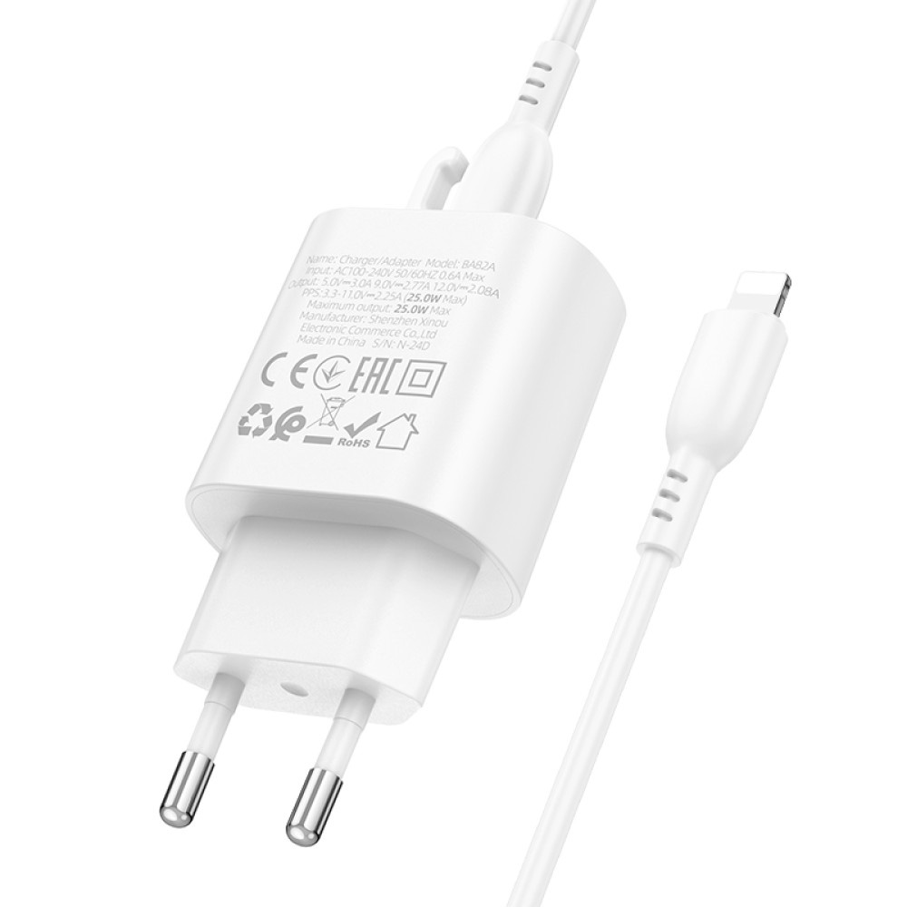 Зарядний пристрій BOROFONE BA82A Platinum 1xUSB-C, PD25W, QC3.0 White w/Type-C to Lightning cable