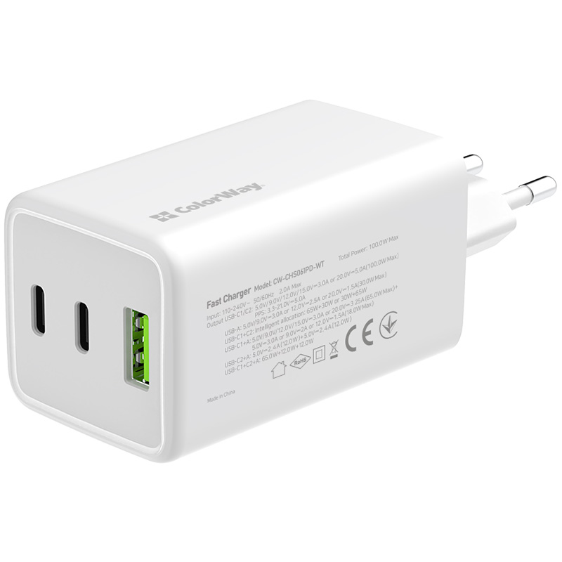 Зарядний пристрій COLORWAY GaN Mini 100W 1xUSB-A, 2xUSB-C Fast Charging White (CW-CHS061PD-WT)