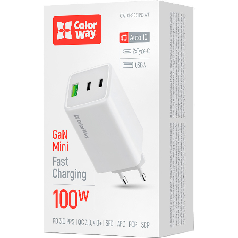 Зарядний пристрій COLORWAY GaN Mini 100W 1xUSB-A, 2xUSB-C Fast Charging White (CW-CHS061PD-WT)