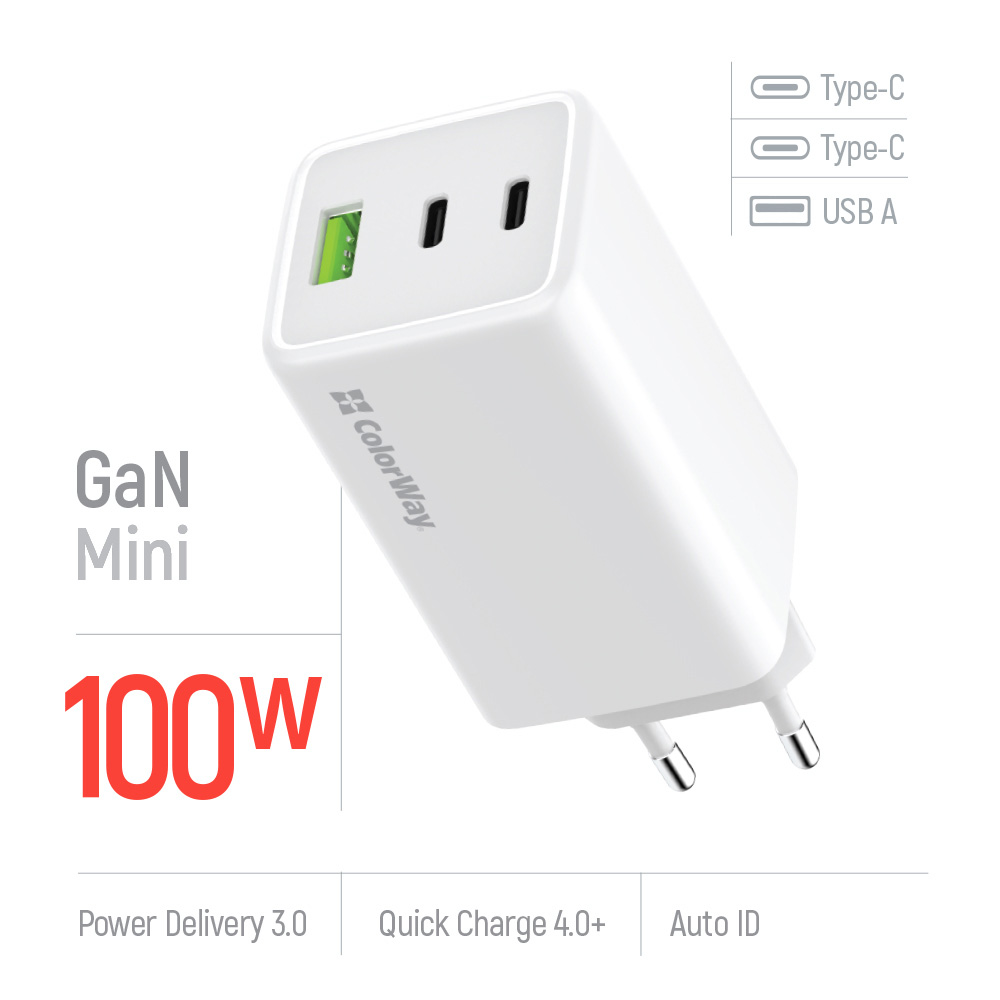 Зарядний пристрій COLORWAY GaN Mini 100W 1xUSB-A, 2xUSB-C Fast Charging White (CW-CHS061PD-WT)