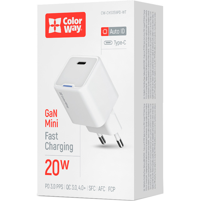 Зарядний пристрій COLORWAY GaN Mini 20W 1xUSB-C Fast Charging White (CW-CHS059PD-WT)