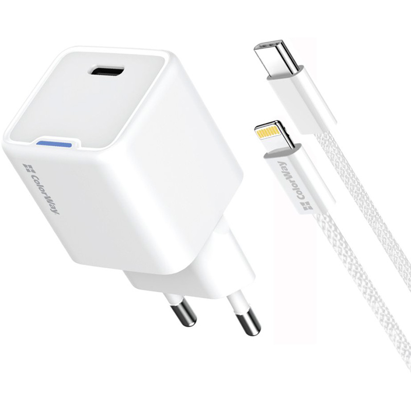 Зарядний пристрій COLORWAY GaN Mini 20W 1xUSB-C Fast Charging White w/Type-C to Lightning cable (CW-CHS059PDL-WT)