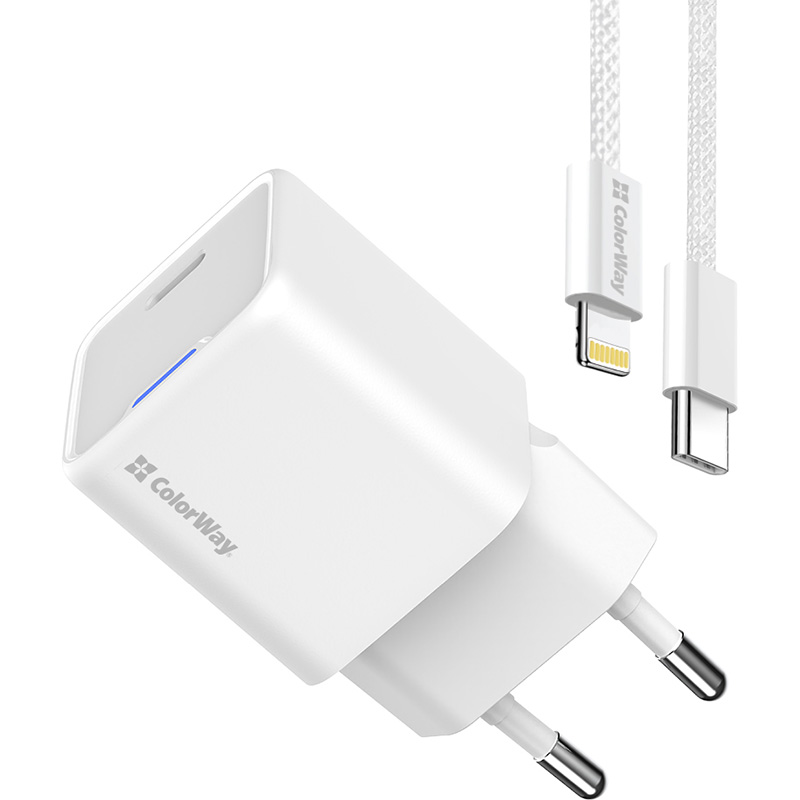 Зарядний пристрій COLORWAY GaN Mini 20W 1xUSB-C Fast Charging White w/Type-C to Lightning cable (CW-CHS059PDL-WT)