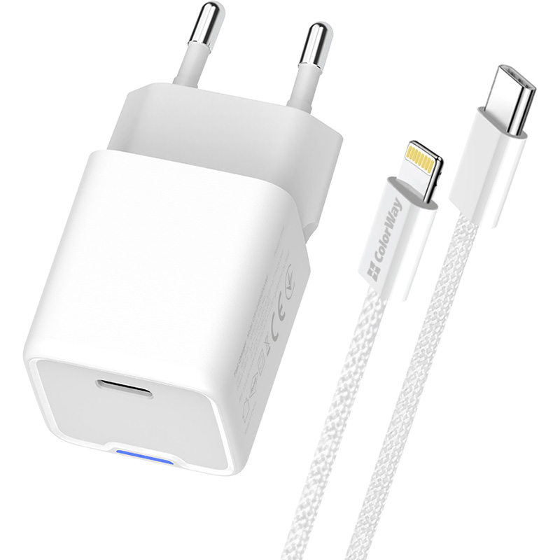 Зарядний пристрій COLORWAY GaN Mini 20W 1xUSB-C Fast Charging White w/Type-C to Lightning cable (CW-CHS059PDL-WT)