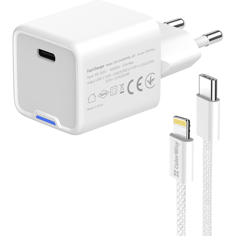 Зарядний пристрій COLORWAY GaN Mini 20W 1xUSB-C Fast Charging White w/Type-C to Lightning cable (CW-CHS059PDL-WT)