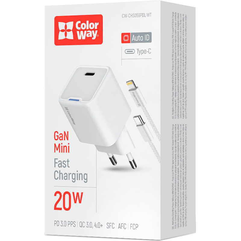 Зарядний пристрій COLORWAY GaN Mini 20W 1xUSB-C Fast Charging White w/Type-C to Lightning cable (CW-CHS059PDL-WT)